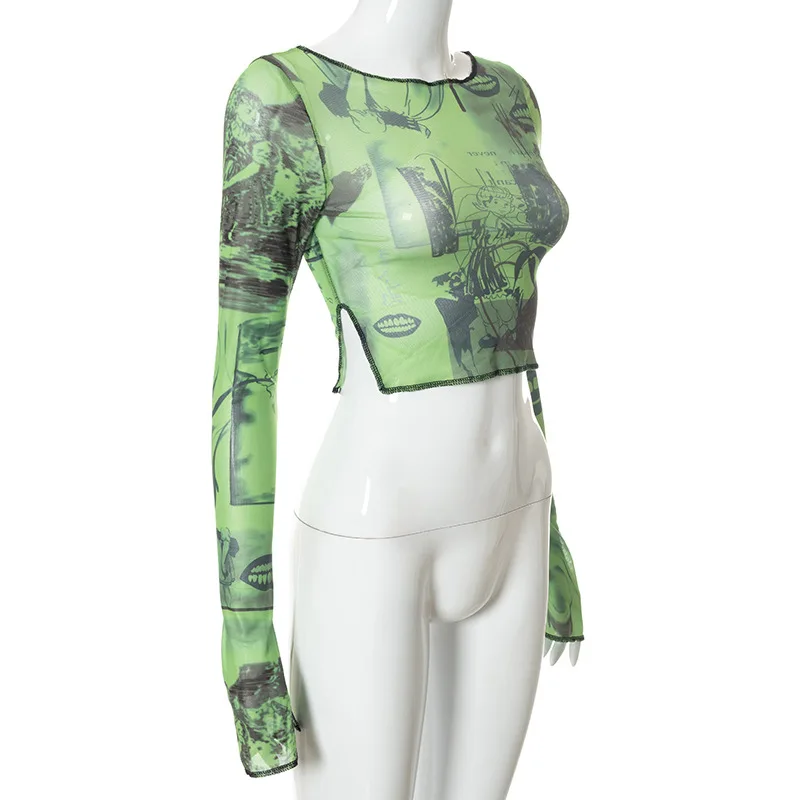2025 Sexy See through Crop Top for Women Vintage Graphic Print Green Mesh Sheer T-shirt with Long Flare Sleeves Slim Fit Tee