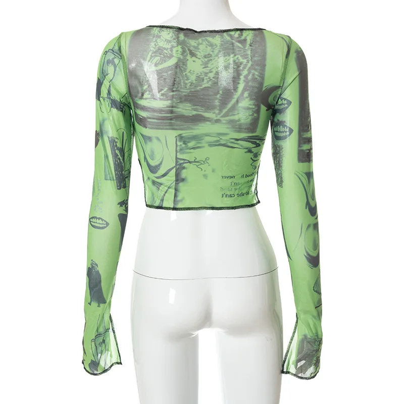 2025 Sexy See through Crop Top for Women Vintage Graphic Print Green Mesh Sheer T-shirt with Long Flare Sleeves Slim Fit Tee