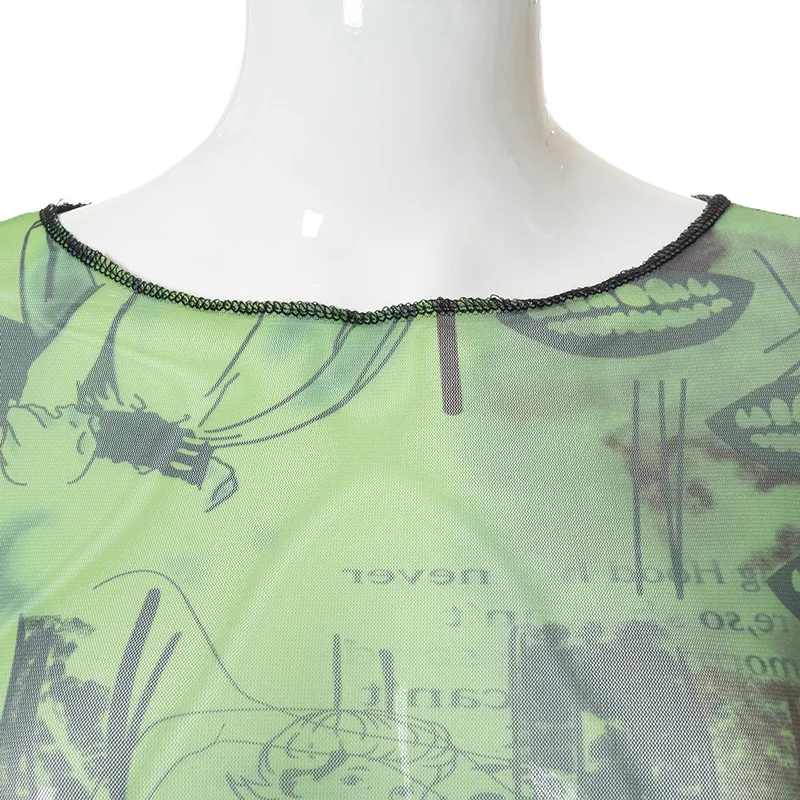 2025 Sexy See through Crop Top for Women Vintage Graphic Print Green Mesh Sheer T-shirt with Long Flare Sleeves Slim Fit Tee