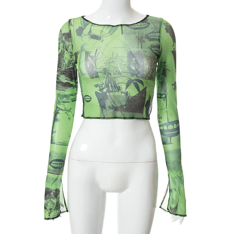 2025 Sexy See through Crop Top for Women Vintage Graphic Print Green Mesh Sheer T-shirt with Long Flare Sleeves Slim Fit Tee