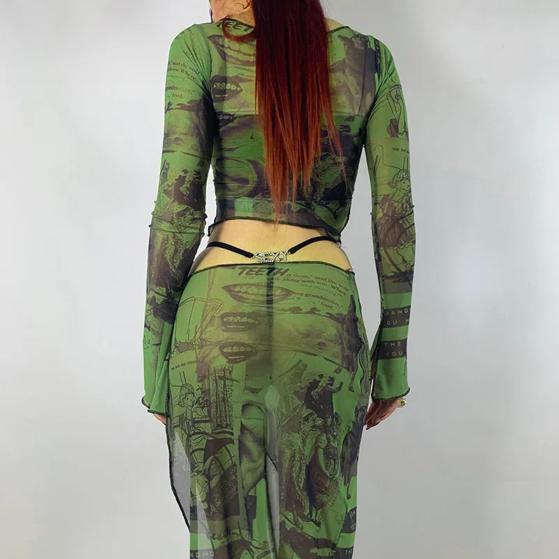 2025 Sexy See through Crop Top for Women Vintage Graphic Print Green Mesh Sheer T-shirt with Long Flare Sleeves Slim Fit Tee
