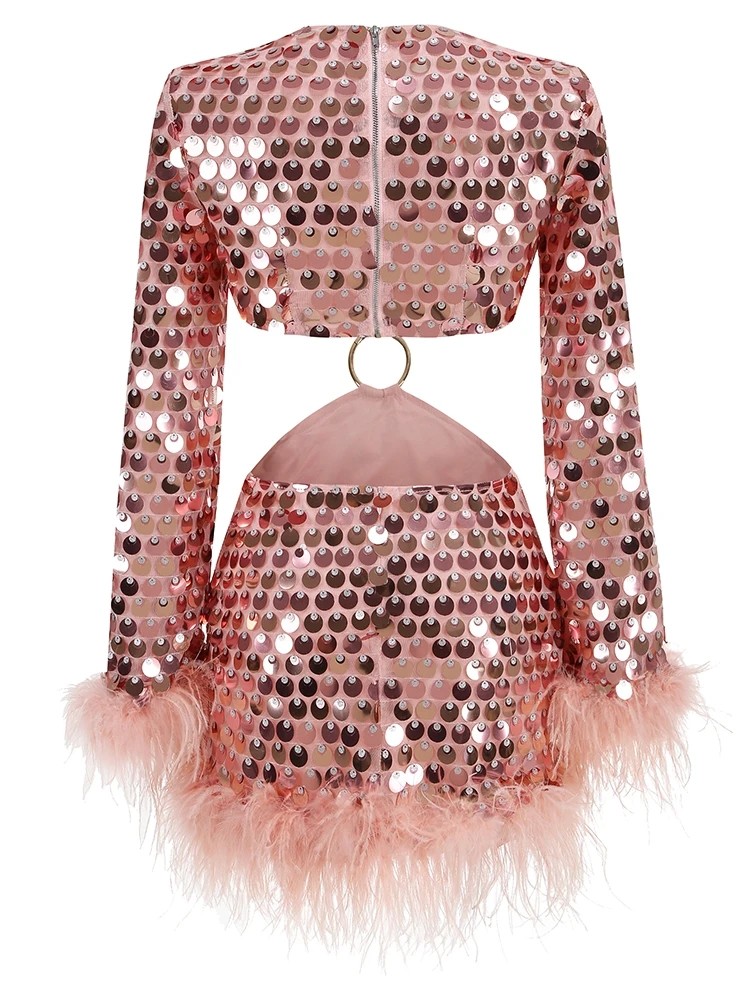 Sexy O Neck Long Sleeve Sequins Feathers Mini Dress Women Pink Glitter Sequin Backless Slim Dress Elegant Evening Party Club
