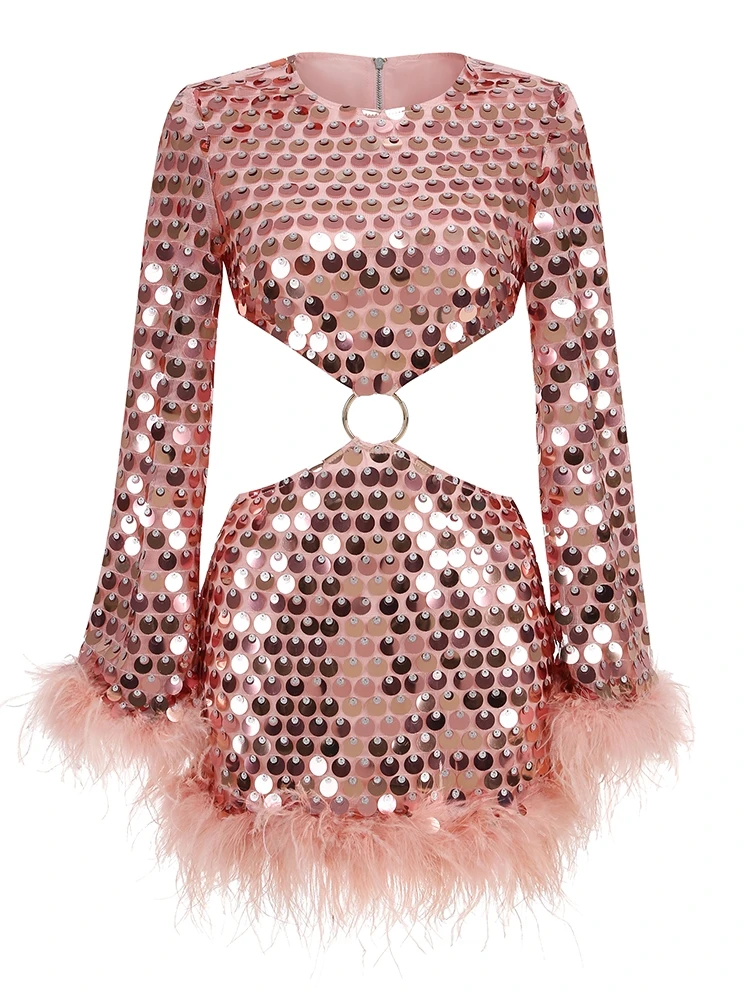 Sexy O Neck Long Sleeve Sequins Feathers Mini Dress Women Pink Glitter Sequin Backless Slim Dress Elegant Evening Party Club