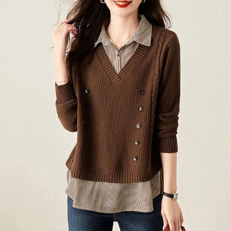 Fake Two Piece Top Knit Sweater Women's Splice Shirt Collar 2026 Spring Autumn New Korean Loose Long Sleeve Sweater Brown Shirt