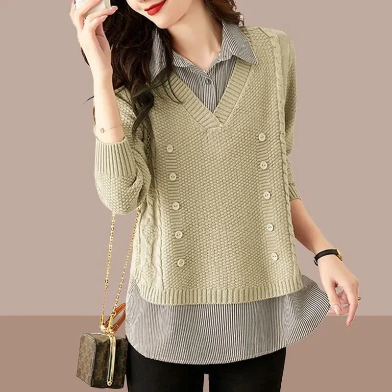 Fake Two Piece Top Knit Sweater Women's Splice Shirt Collar 2026 Spring Autumn New Korean Loose Long Sleeve Sweater Brown Shirt