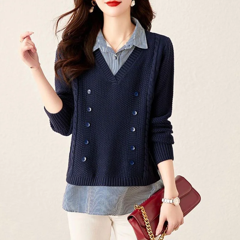 Fake Two Piece Top Knit Sweater Women's Splice Shirt Collar 2026 Spring Autumn New Korean Loose Long Sleeve Sweater Brown Shirt