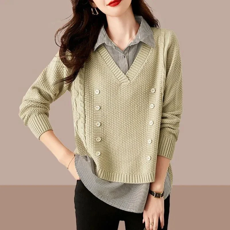 Fake Two Piece Top Knit Sweater Women's Splice Shirt Collar 2026 Spring Autumn New Korean Loose Long Sleeve Sweater Brown Shirt