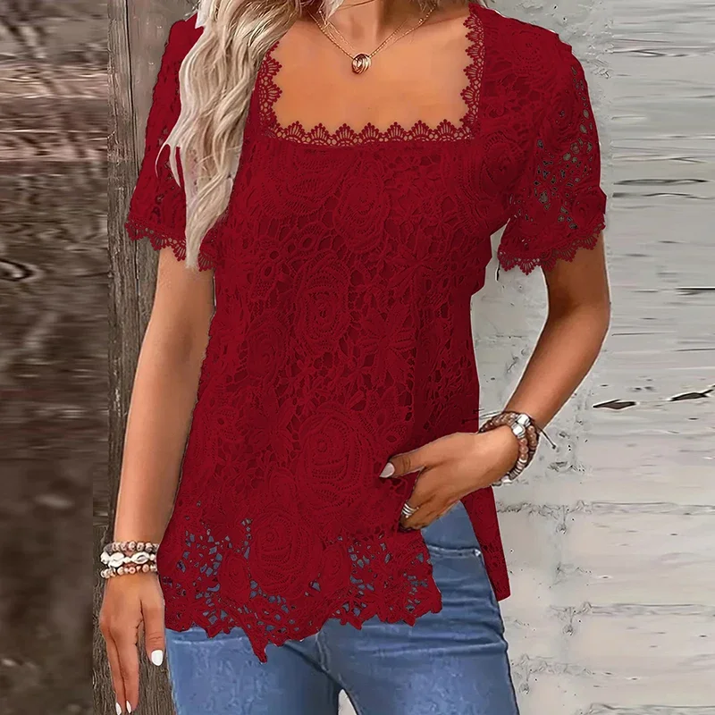 2024 New Spring Summer Lace Shirts For Women Short Sleeve Loose T Shirt Women Casual Solid White Elegant Tee Pullover