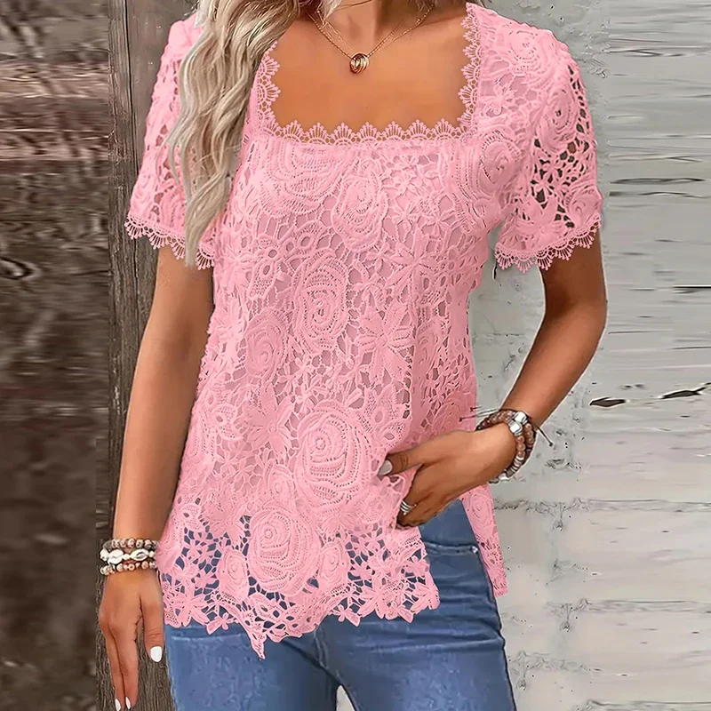 2024 New Spring Summer Lace Shirts For Women Short Sleeve Loose T Shirt Women Casual Solid White Elegant Tee Pullover