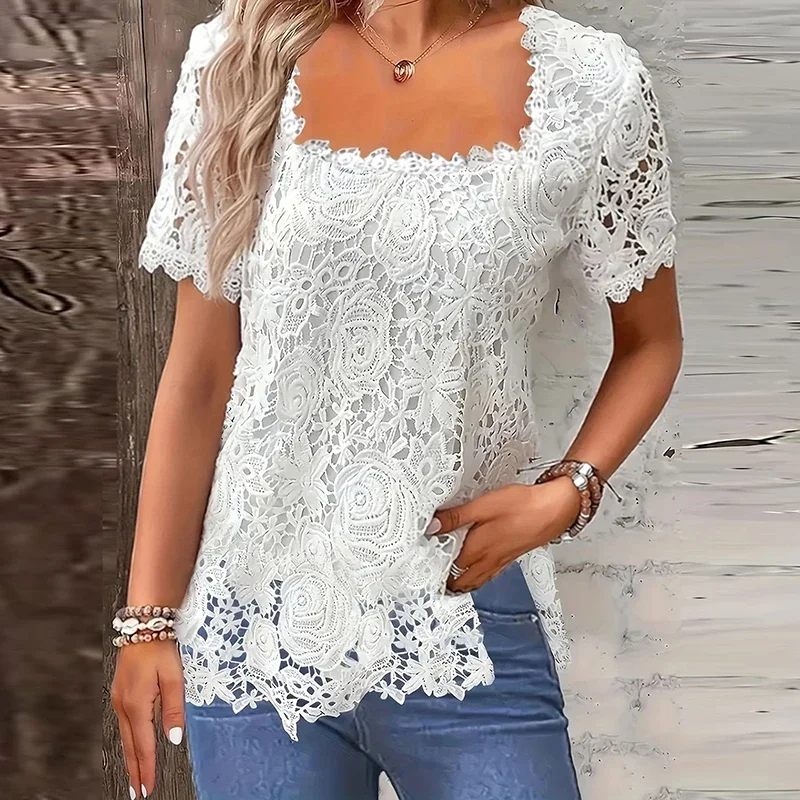 2024 New Spring Summer Lace Shirts For Women Short Sleeve Loose T Shirt Women Casual Solid White Elegant Tee Pullover