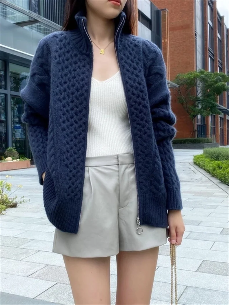 Autumn Winter New Thick Turtleneck Cashmere Knitted Cardigan Women Casual Knit Loose Wool Sweater Larg Size Female Jacket Tops