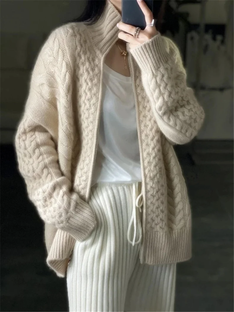 Autumn Winter New Thick Turtleneck Cashmere Knitted Cardigan Women Casual Knit Loose Wool Sweater Larg Size Female Jacket Tops