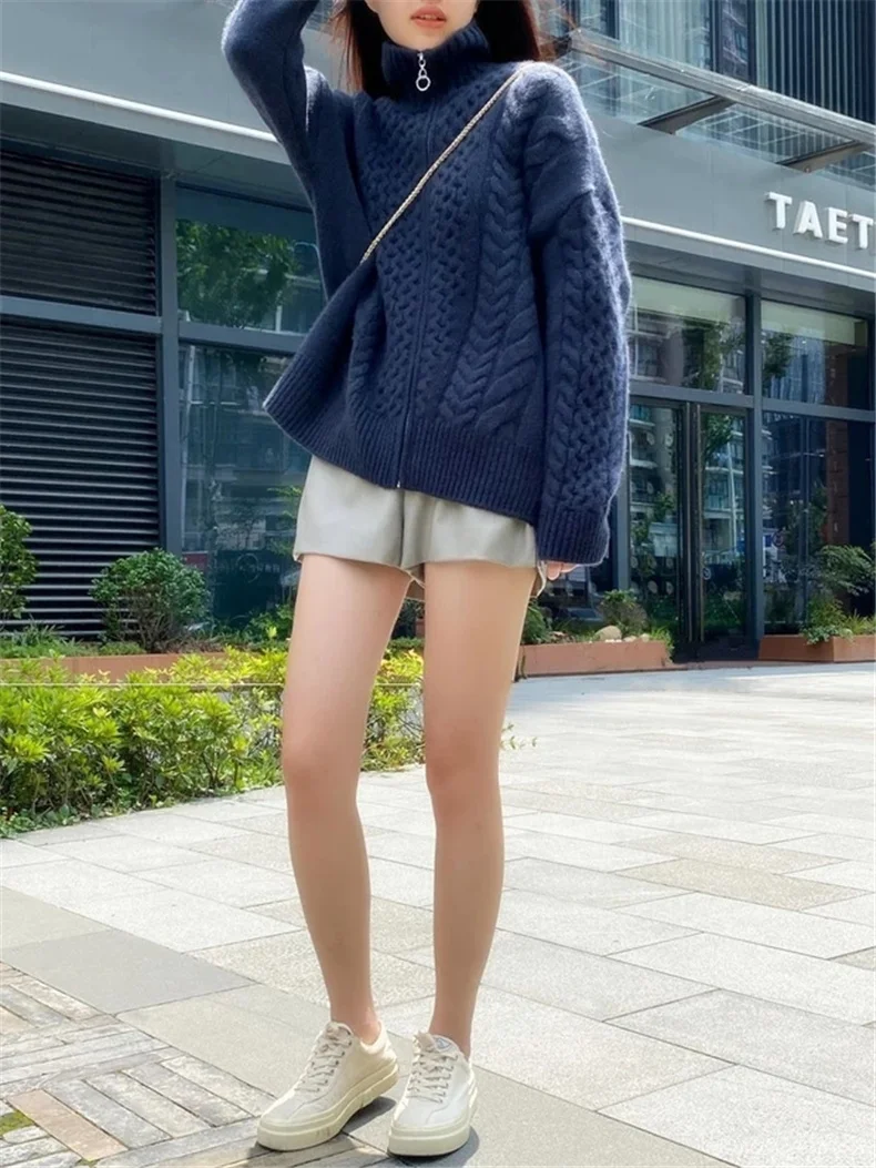 Autumn Winter New Thick Turtleneck Cashmere Knitted Cardigan Women Casual Knit Loose Wool Sweater Larg Size Female Jacket Tops