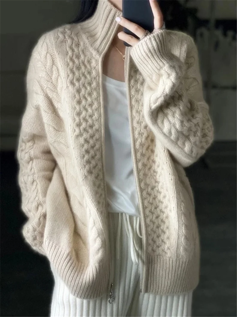 Autumn Winter New Thick Turtleneck Cashmere Knitted Cardigan Women Casual Knit Loose Wool Sweater Larg Size Female Jacket Tops