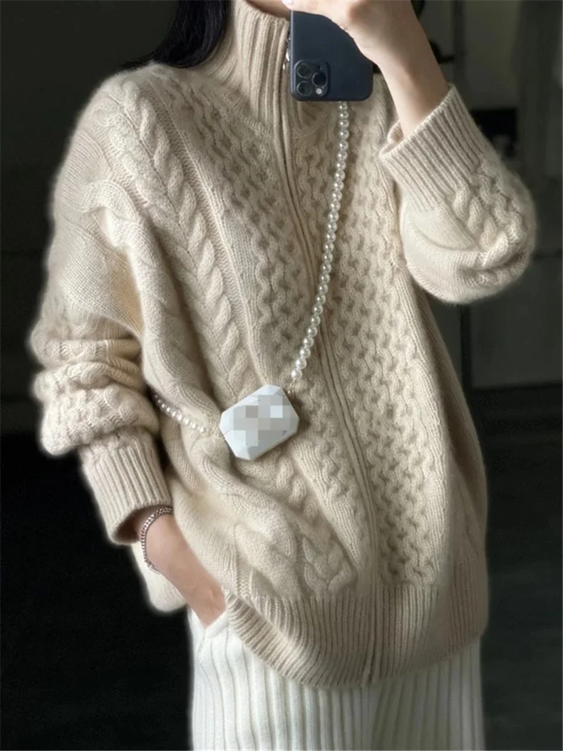 Autumn Winter New Thick Turtleneck Cashmere Knitted Cardigan Women Casual Knit Loose Wool Sweater Larg Size Female Jacket Tops