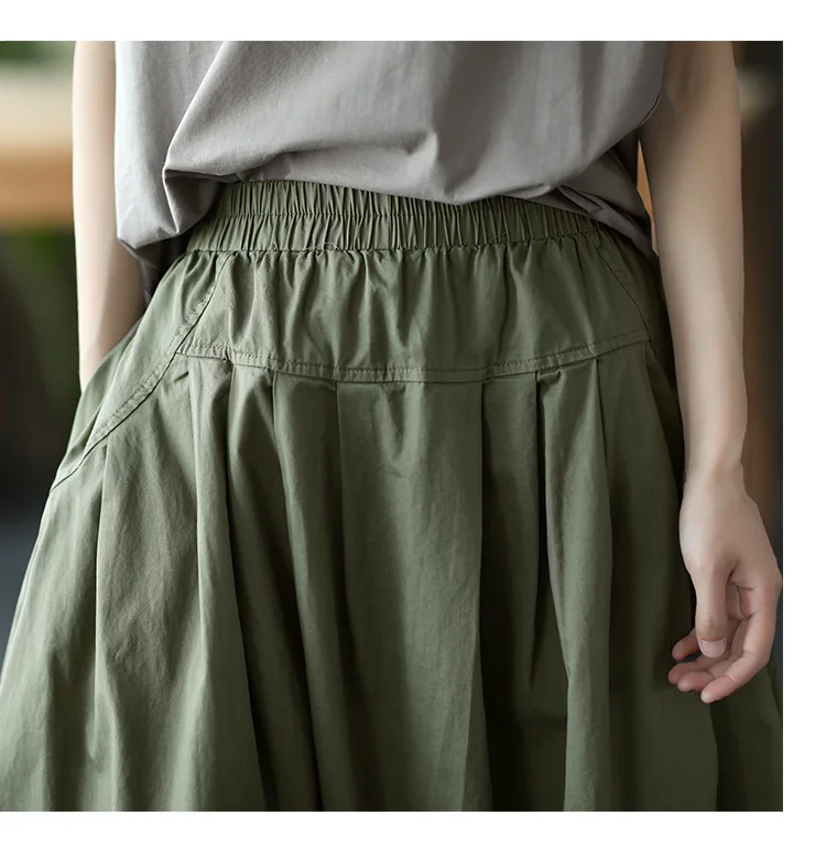 Amax LuluE 2025 Japan Summer Streetwear Fashion Women Khaki A-Line Skirts Ladies Elastic Casual Long Skirt Girls Vintage Clothes