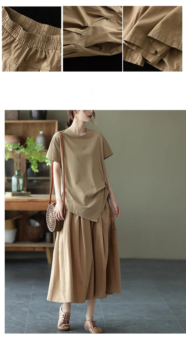 Amax LuluE 2025 Japan Summer Streetwear Fashion Women Khaki A-Line Skirts Ladies Elastic Casual Long Skirt Girls Vintage Clothes