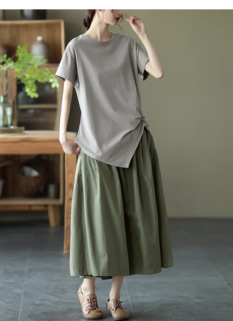 Amax LuluE 2025 Japan Summer Streetwear Fashion Women Khaki A-Line Skirts Ladies Elastic Casual Long Skirt Girls Vintage Clothes