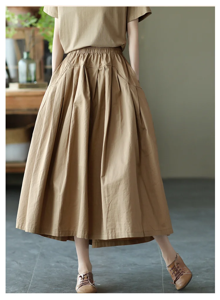 Amax LuluE 2025 Japan Summer Streetwear Fashion Women Khaki A-Line Skirts Ladies Elastic Casual Long Skirt Girls Vintage Clothes