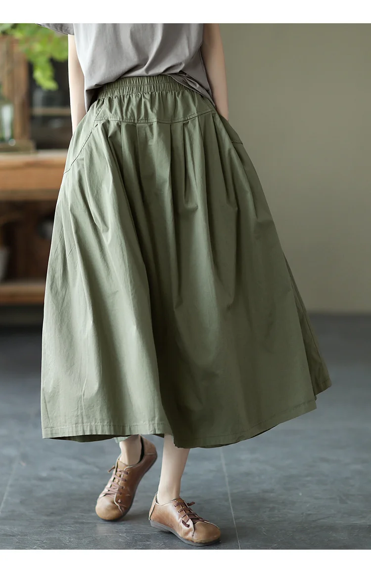 Amax LuluE 2025 Japan Summer Streetwear Fashion Women Khaki A-Line Skirts Ladies Elastic Casual Long Skirt Girls Vintage Clothes