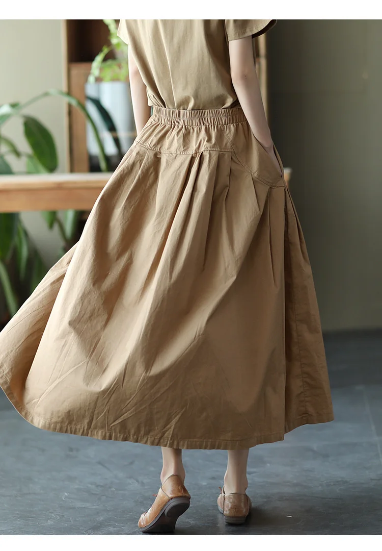 Amax LuluE 2025 Japan Summer Streetwear Fashion Women Khaki A-Line Skirts Ladies Elastic Casual Long Skirt Girls Vintage Clothes