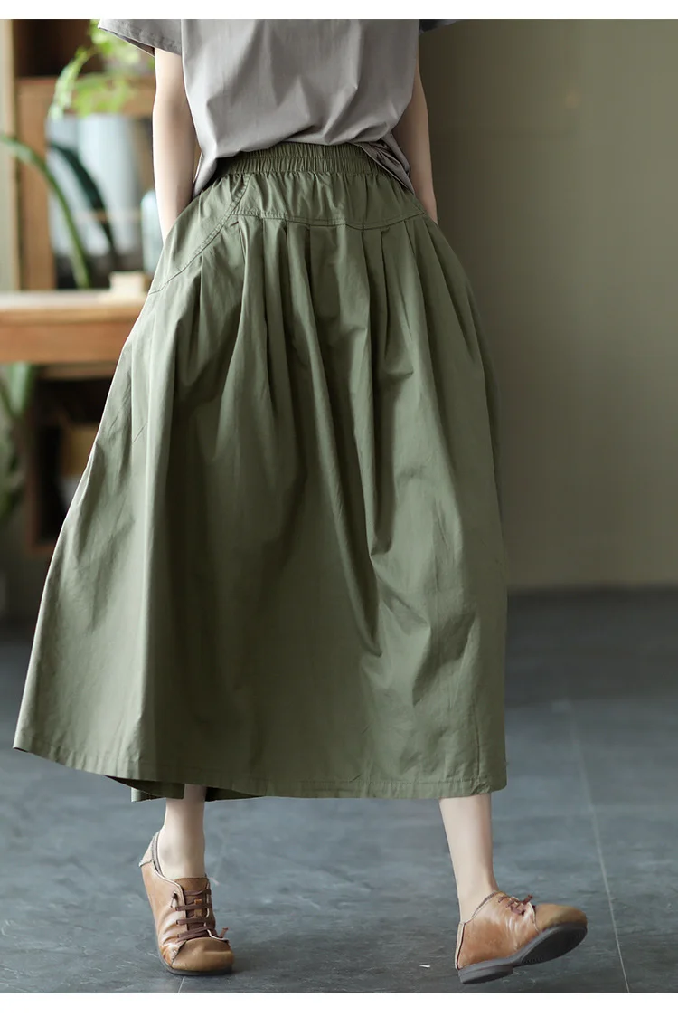 Amax LuluE 2025 Japan Summer Streetwear Fashion Women Khaki A-Line Skirts Ladies Elastic Casual Long Skirt Girls Vintage Clothes