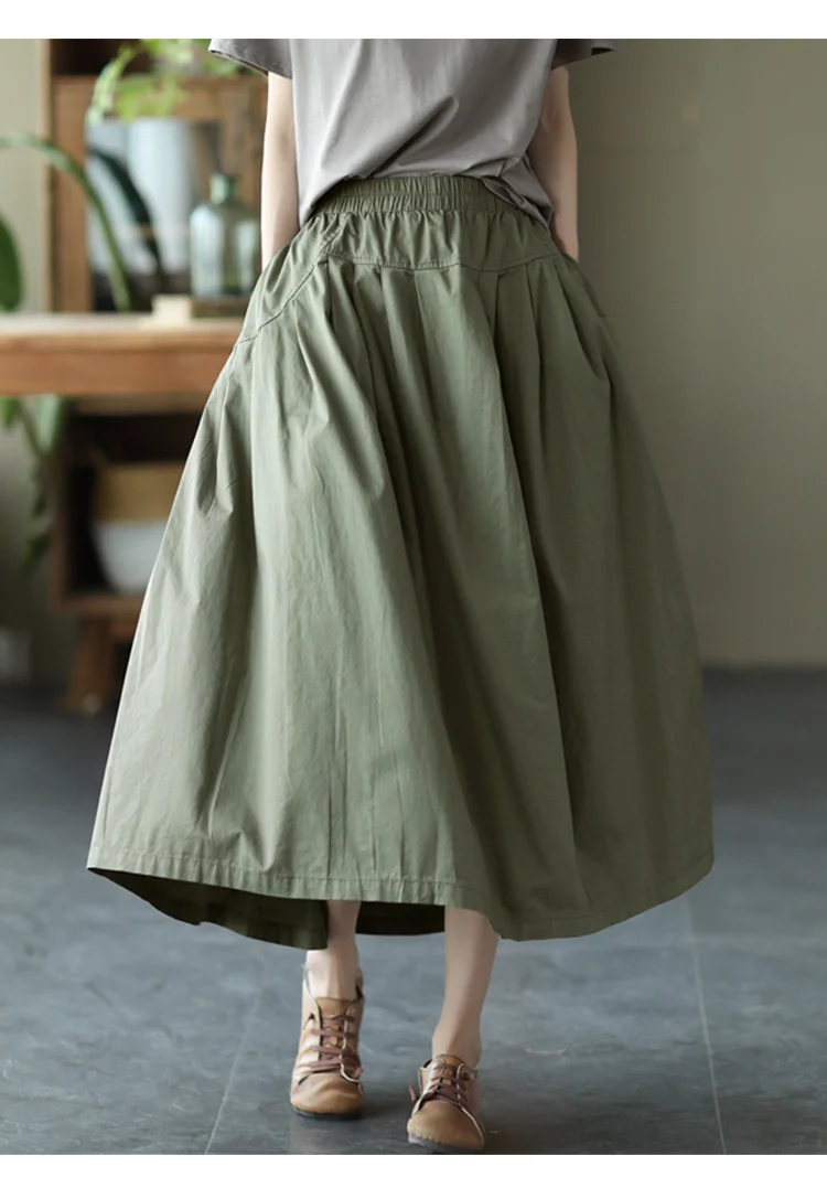 Amax LuluE 2025 Japan Summer Streetwear Fashion Women Khaki A-Line Skirts Ladies Elastic Casual Long Skirt Girls Vintage Clothes