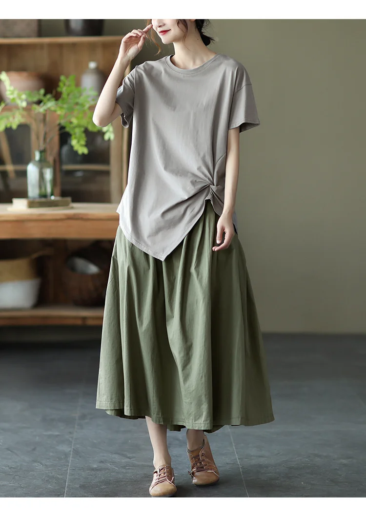 Amax LuluE 2025 Japan Summer Streetwear Fashion Women Khaki A-Line Skirts Ladies Elastic Casual Long Skirt Girls Vintage Clothes