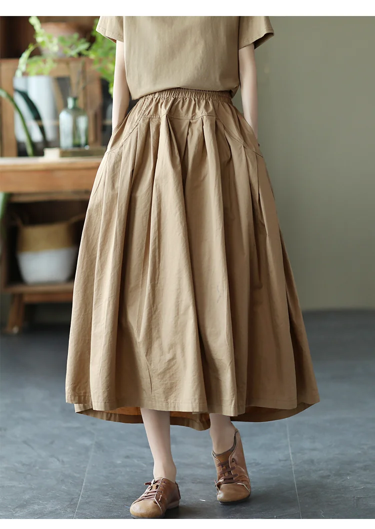 Amax LuluE 2025 Japan Summer Streetwear Fashion Women Khaki A-Line Skirts Ladies Elastic Casual Long Skirt Girls Vintage Clothes