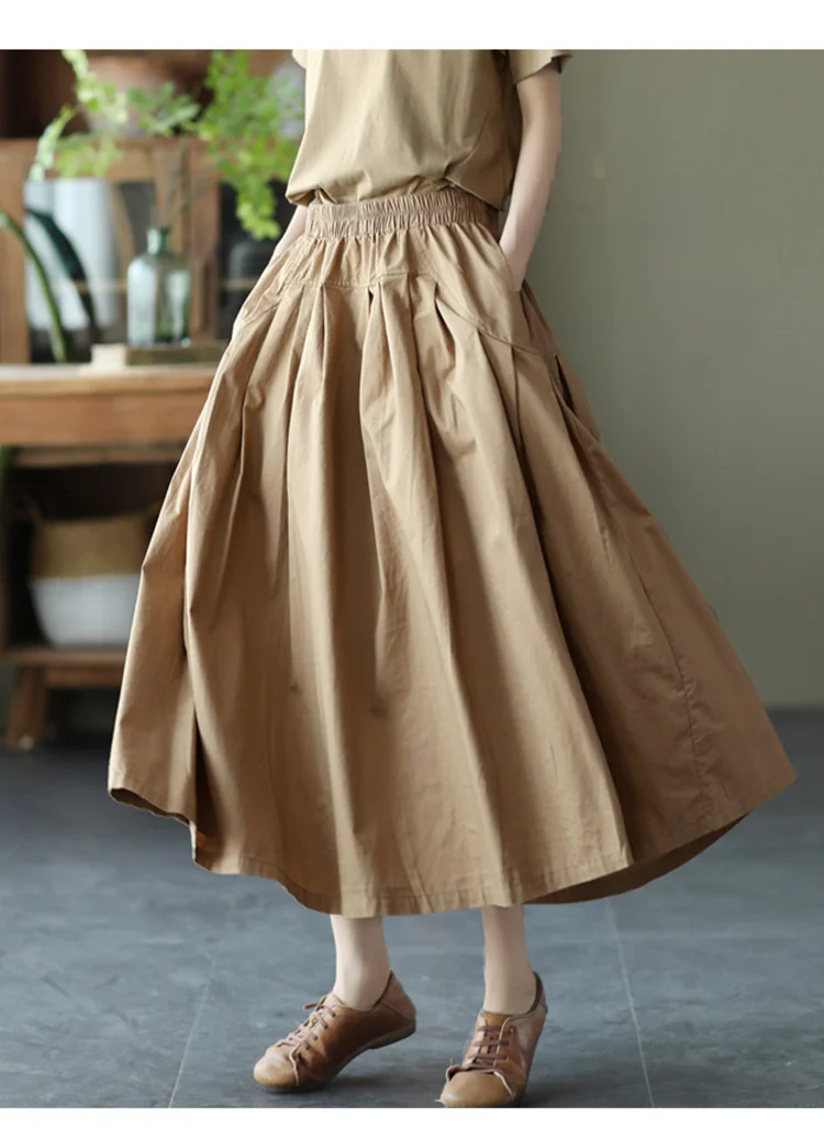 Amax LuluE 2025 Japan Summer Streetwear Fashion Women Khaki A-Line Skirts Ladies Elastic Casual Long Skirt Girls Vintage Clothes