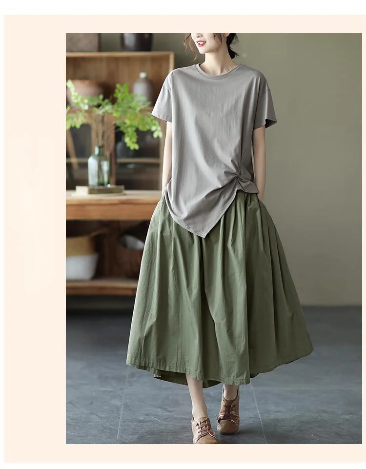 Amax LuluE 2025 Japan Summer Streetwear Fashion Women Khaki A-Line Skirts Ladies Elastic Casual Long Skirt Girls Vintage Clothes