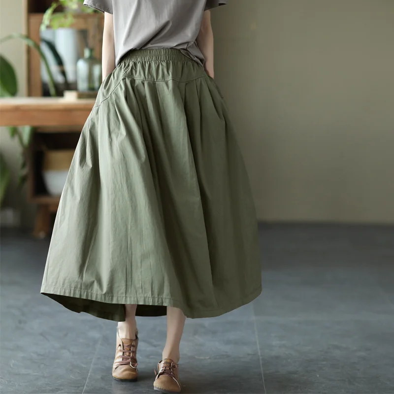Amax LuluE 2025 Japan Summer Streetwear Fashion Women Khaki A-Line Skirts Ladies Elastic Casual Long Skirt Girls Vintage Clothes