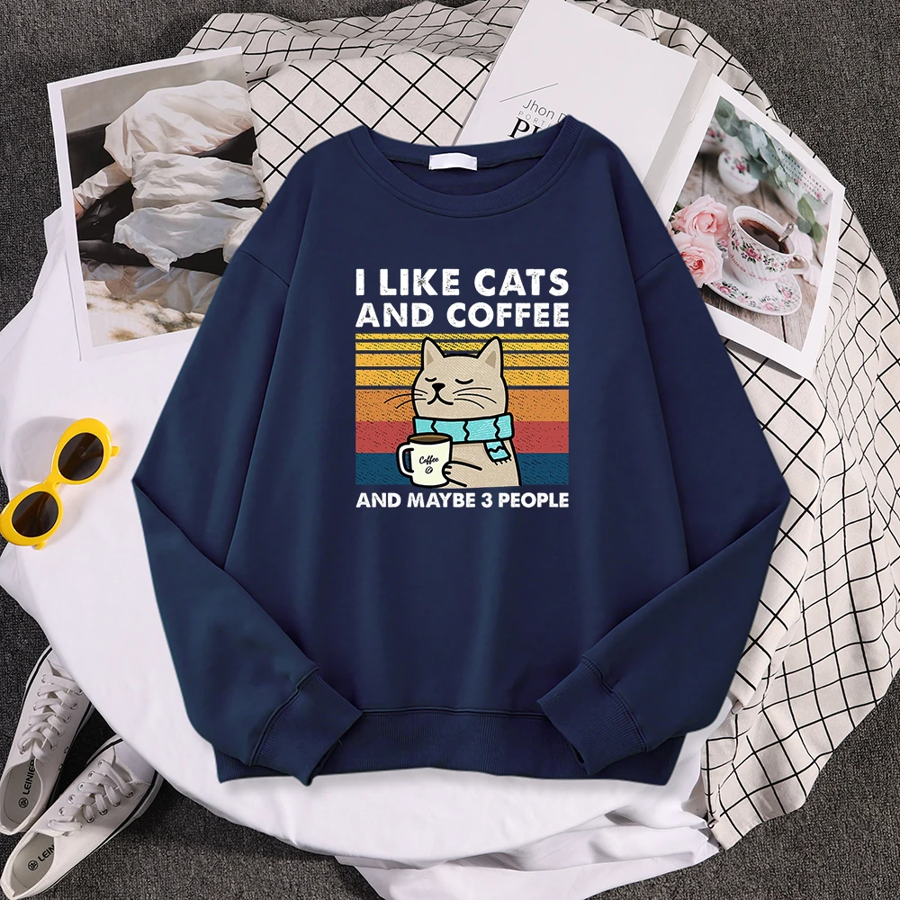 I Like Cats And Coffee Print Women Hoody Hip Hop Pocket Sweatshirt Autumn Creativity Pullover Aesthetic Fleece Female Sportswear