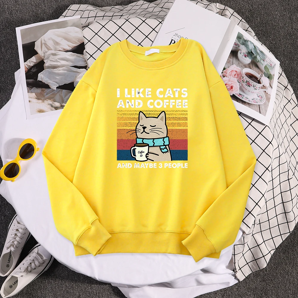 I Like Cats And Coffee Print Women Hoody Hip Hop Pocket Sweatshirt Autumn Creativity Pullover Aesthetic Fleece Female Sportswear