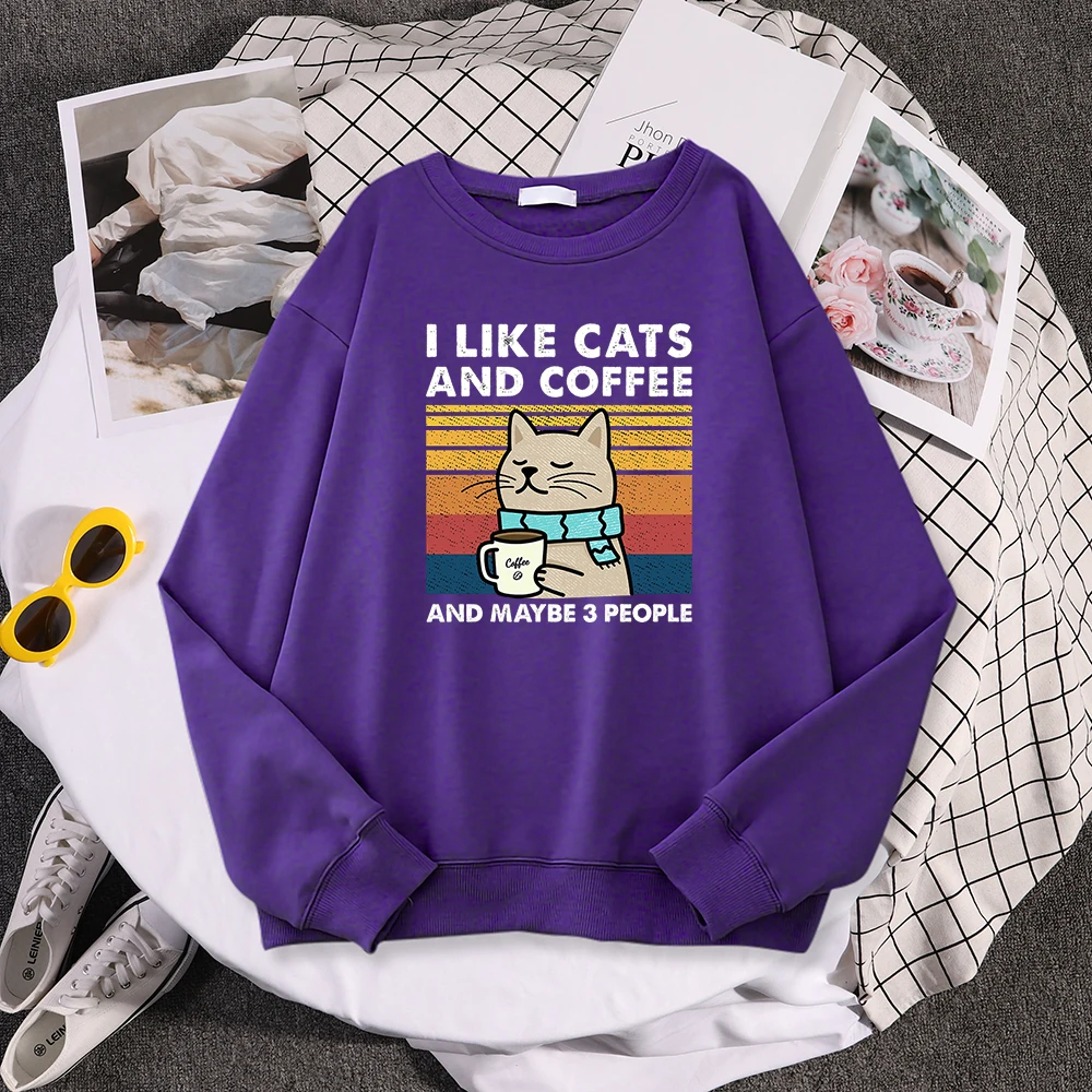 I Like Cats And Coffee Print Women Hoody Hip Hop Pocket Sweatshirt Autumn Creativity Pullover Aesthetic Fleece Female Sportswear