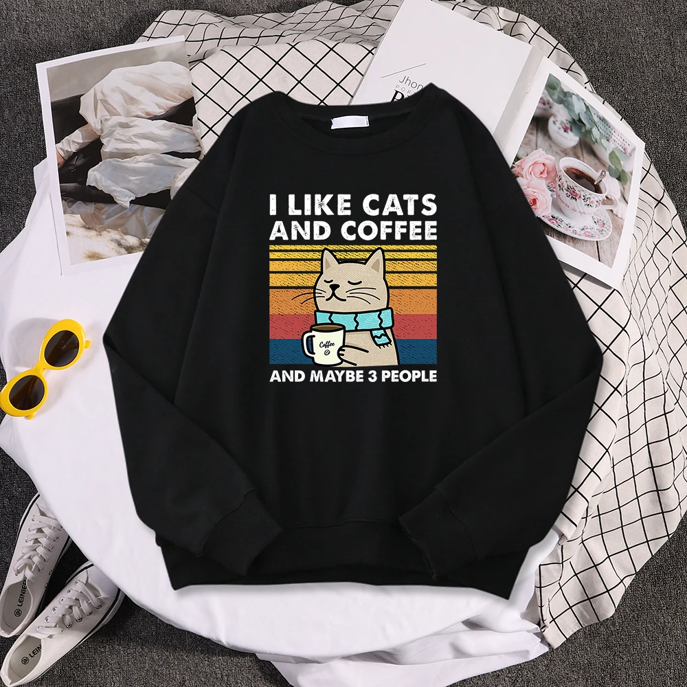 I Like Cats And Coffee Print Women Hoody Hip Hop Pocket Sweatshirt Autumn Creativity Pullover Aesthetic Fleece Female Sportswear