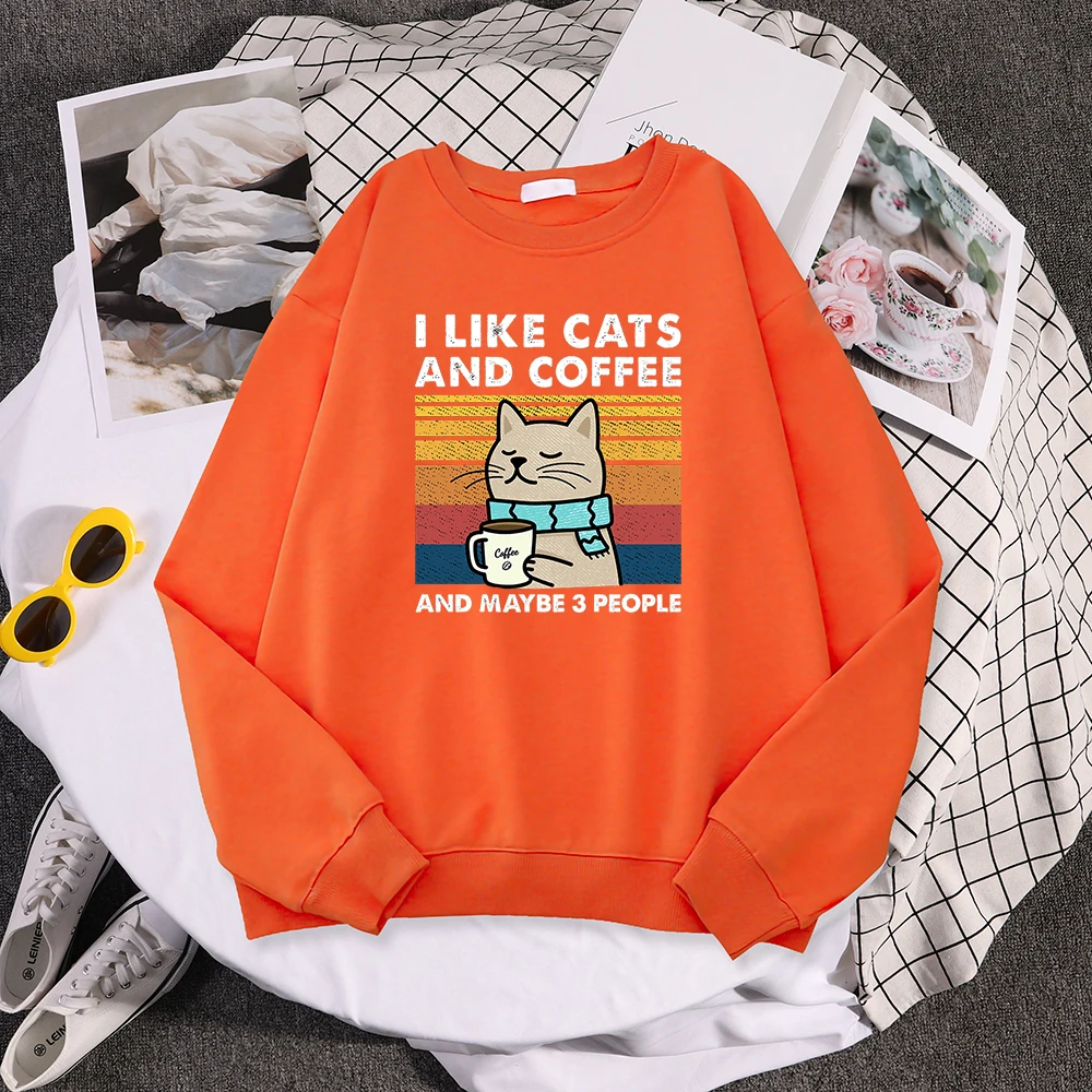 I Like Cats And Coffee Print Women Hoody Hip Hop Pocket Sweatshirt Autumn Creativity Pullover Aesthetic Fleece Female Sportswear