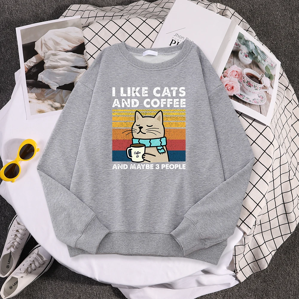 I Like Cats And Coffee Print Women Hoody Hip Hop Pocket Sweatshirt Autumn Creativity Pullover Aesthetic Fleece Female Sportswear