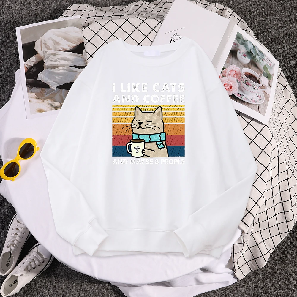 I Like Cats And Coffee Print Women Hoody Hip Hop Pocket Sweatshirt Autumn Creativity Pullover Aesthetic Fleece Female Sportswear