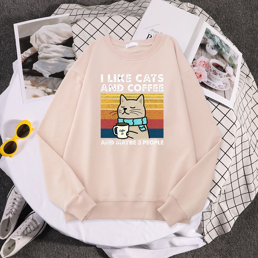 I Like Cats And Coffee Print Women Hoody Hip Hop Pocket Sweatshirt Autumn Creativity Pullover Aesthetic Fleece Female Sportswear