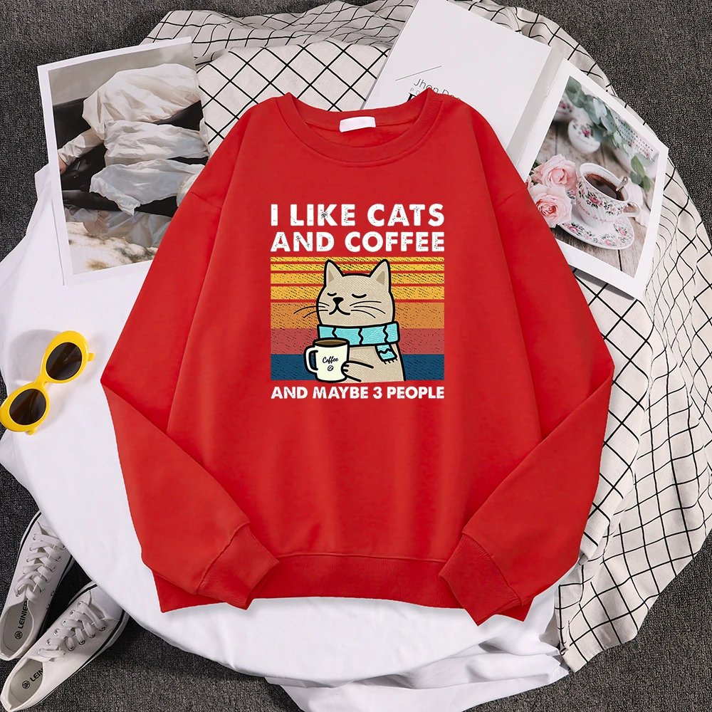 I Like Cats And Coffee Print Women Hoody Hip Hop Pocket Sweatshirt Autumn Creativity Pullover Aesthetic Fleece Female Sportswear