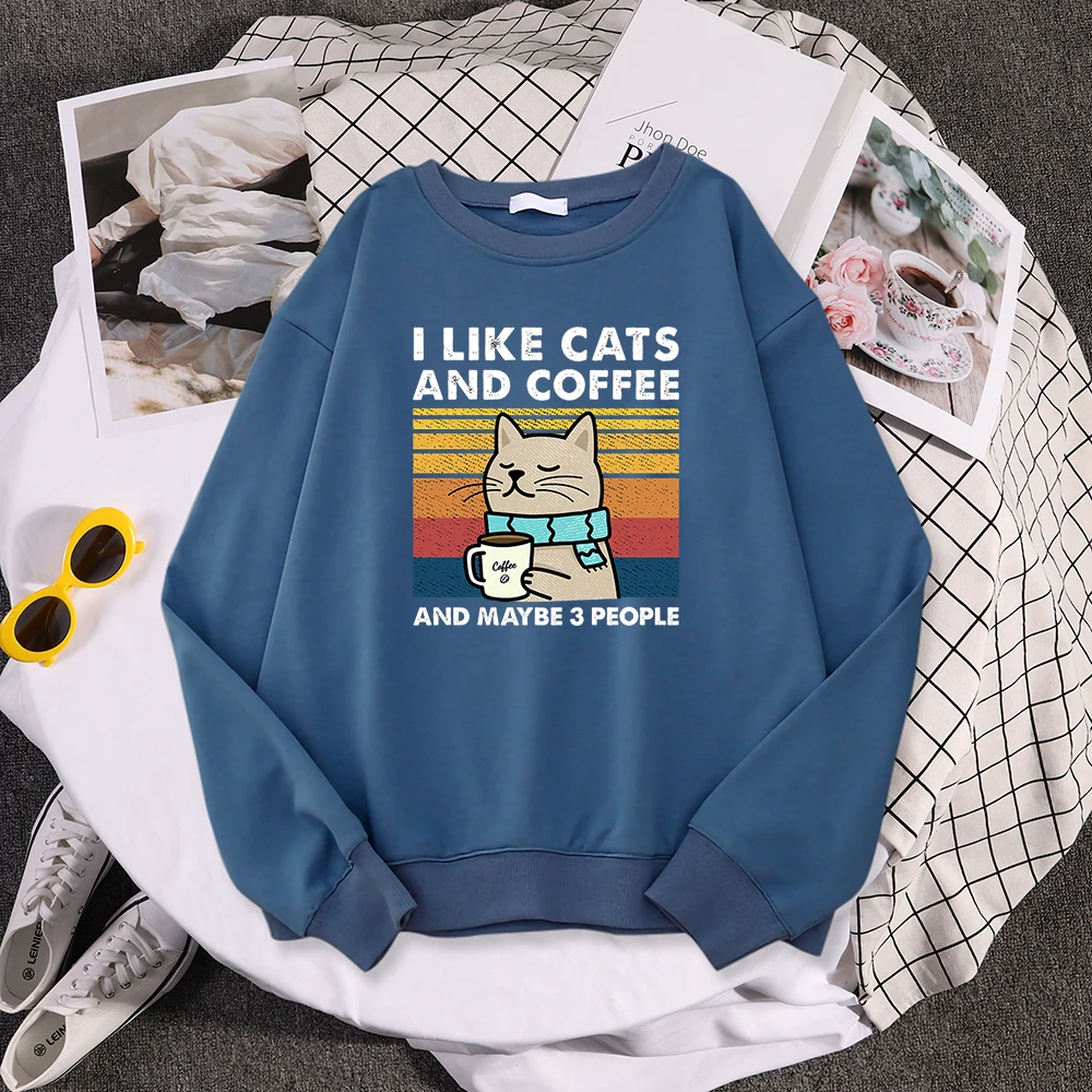 I Like Cats And Coffee Print Women Hoody Hip Hop Pocket Sweatshirt Autumn Creativity Pullover Aesthetic Fleece Female Sportswear