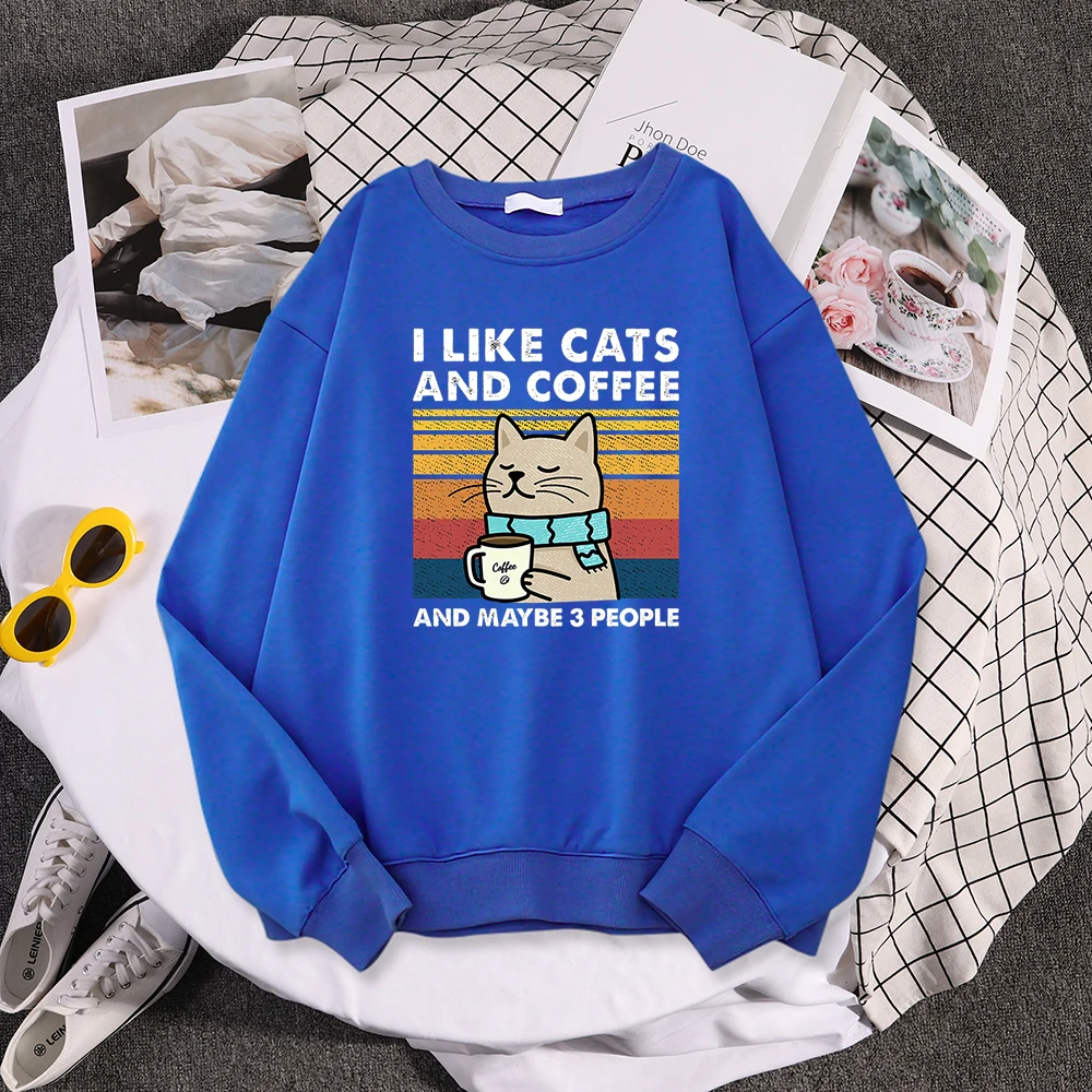 I Like Cats And Coffee Print Women Hoody Hip Hop Pocket Sweatshirt Autumn Creativity Pullover Aesthetic Fleece Female Sportswear