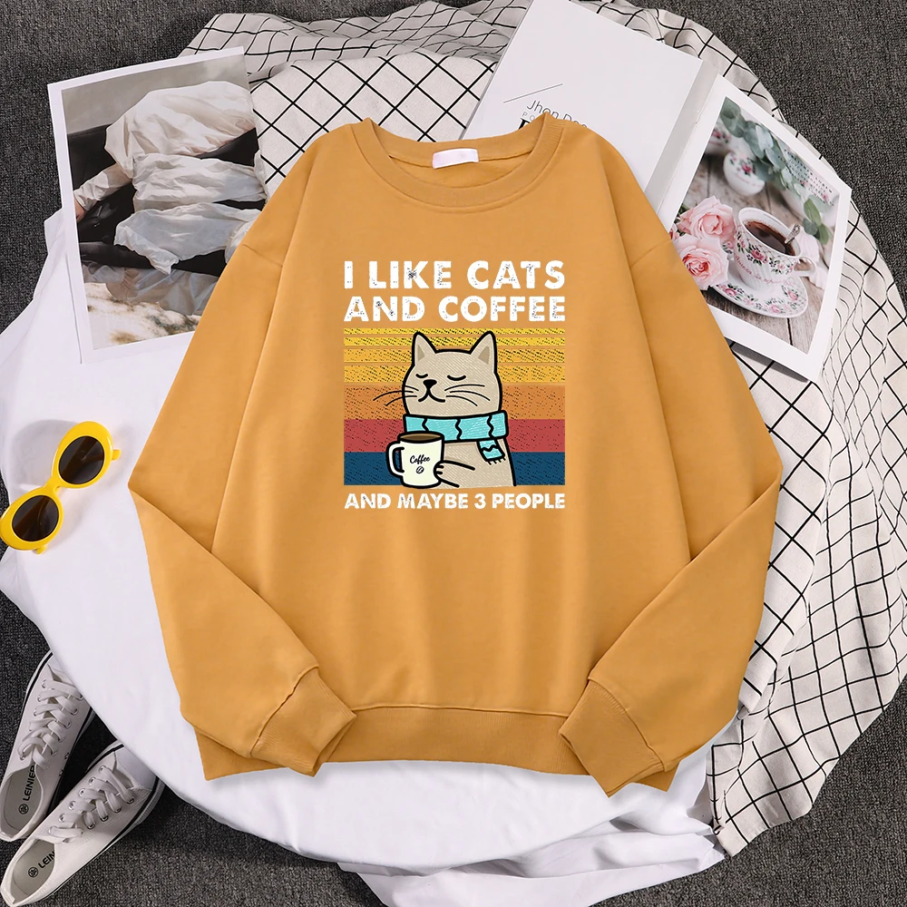 I Like Cats And Coffee Print Women Hoody Hip Hop Pocket Sweatshirt Autumn Creativity Pullover Aesthetic Fleece Female Sportswear