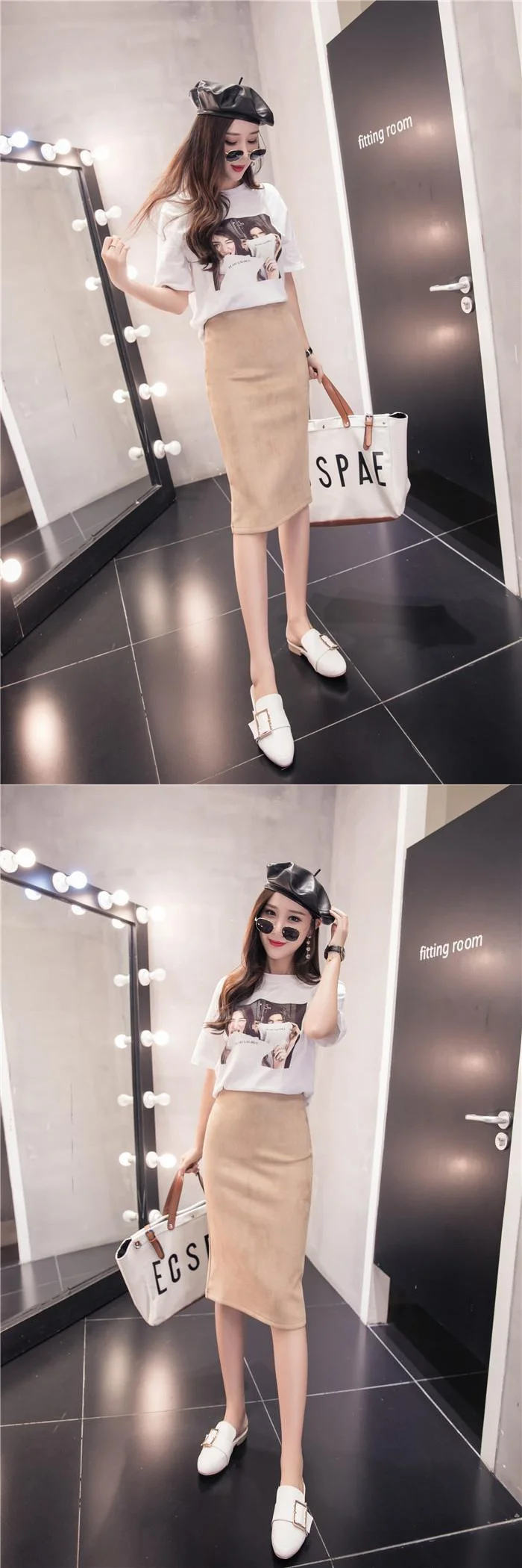 Winter Sexy Bodycon Suede Skirts 2025 Fashion Knee Length High Waist Office Skirt Korean Women Clothes Elegant Slim Pencil Skirt