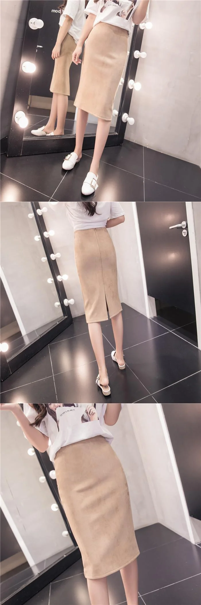 Winter Sexy Bodycon Suede Skirts 2025 Fashion Knee Length High Waist Office Skirt Korean Women Clothes Elegant Slim Pencil Skirt