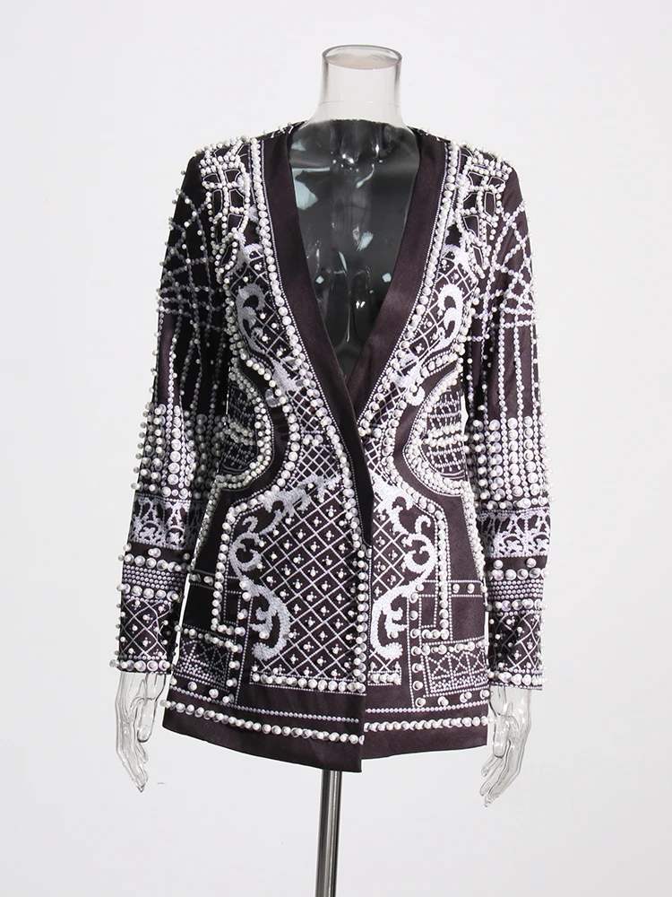 TWOTWINSTYLE High Street Blazer For Women V Neck Long Sleeve Embroidered Flares Colorblock Blazers Female Clothing Fashion Style