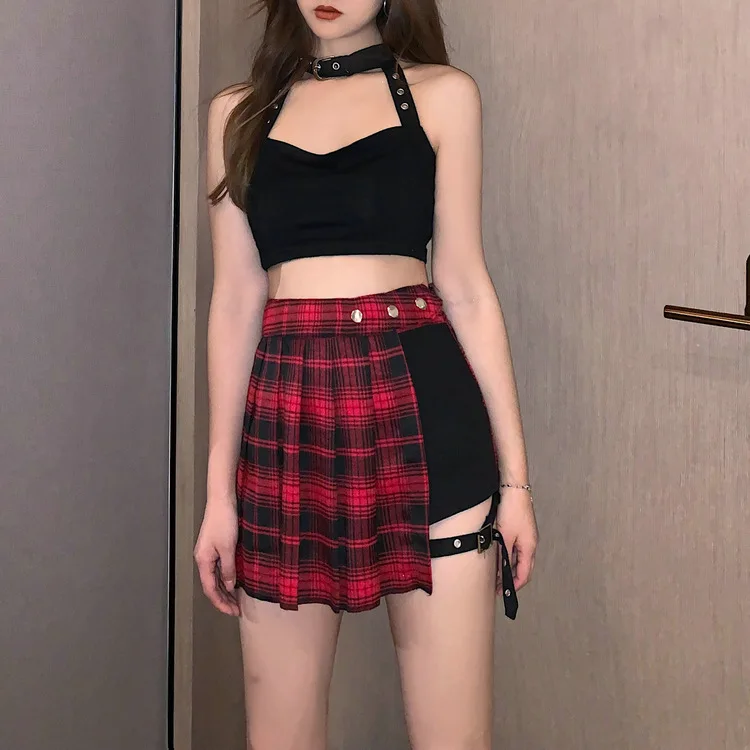 Red Pleated Skirts Streatwear plaid Side Button skirt womens Casual Mini Skirt All Match Women Short Skirt Fashion Tartan