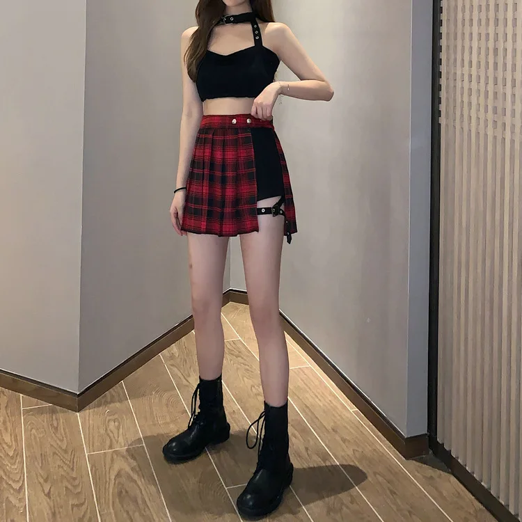 Red Pleated Skirts Streatwear plaid Side Button skirt womens Casual Mini Skirt All Match Women Short Skirt Fashion Tartan