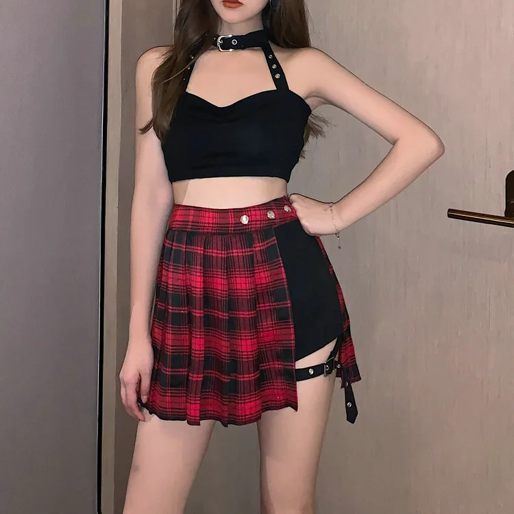 Red Pleated Skirts Streatwear plaid Side Button skirt womens Casual Mini Skirt All Match Women Short Skirt Fashion Tartan